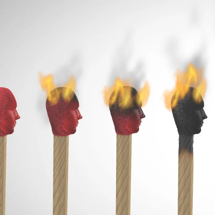 Row of matches with human heads catching fire one after another
