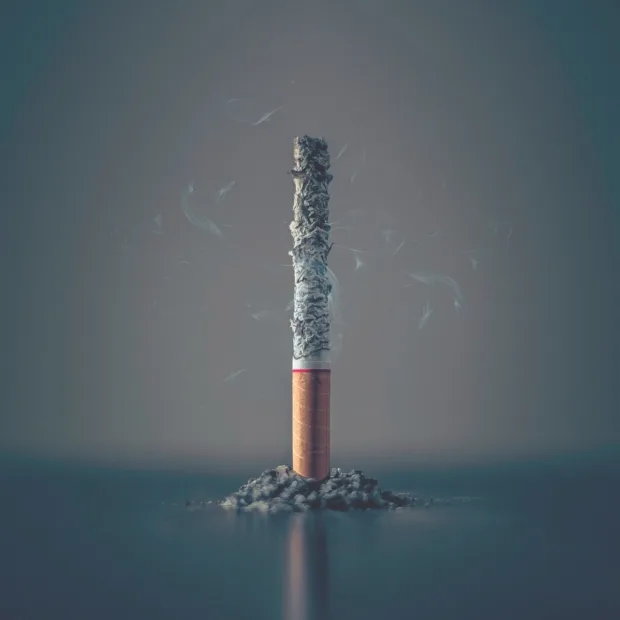 A cigarette burnt down to the filter, standing on a small pile of ash